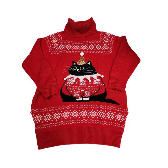 Red christmas holiday sweater dress with festive cat - size medium - Picture 1 of 7